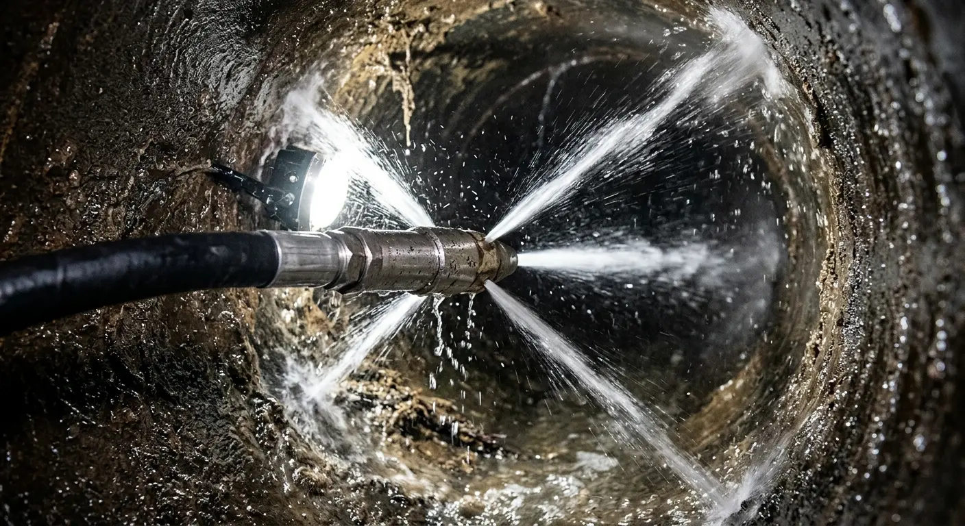 High-pressure hydro jetting nozzle cleaning sewer pipe for Sewer Cleanout in Salisbury