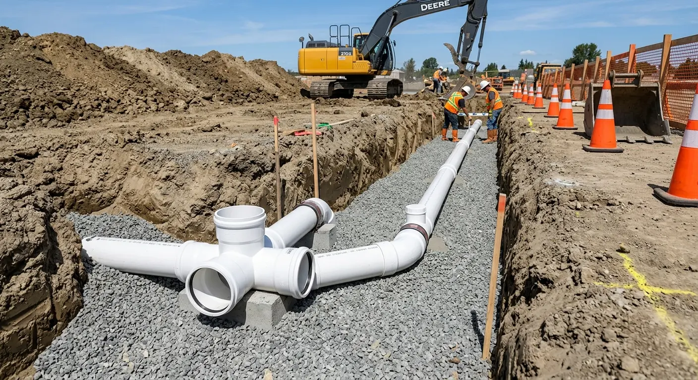 New PVC sewer pipe installation in open trench for Sewer Backup in Salisbury