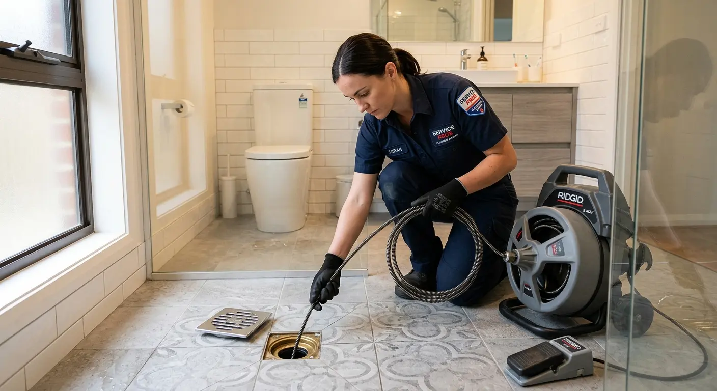 Technician clearing a bathroom floor drain for Hydro Jetting in Salisbury